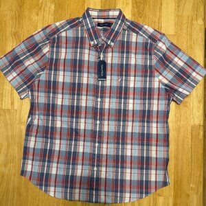New Nautica Men's Classic Fit Stretch XL Button Down Short Sleeve Shirt Red Blue
